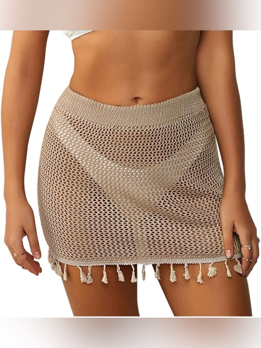 ZAFUL Women's Swimsuit Cover Up Crochet Sheer Short Beach Skirt with Tassels